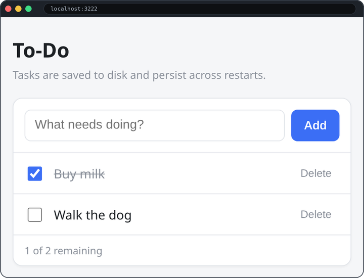Screenshot of run 2's to-do app in a browser at localhost:3222: a light grey page with a To-Do heading, a note that tasks are saved to disk, a card with a text box and a blue Add button, and two tasks. Buy milk is checked and struck through. Walk the dog is unchecked. Each row has a Delete button, and a counter sits at the bottom.