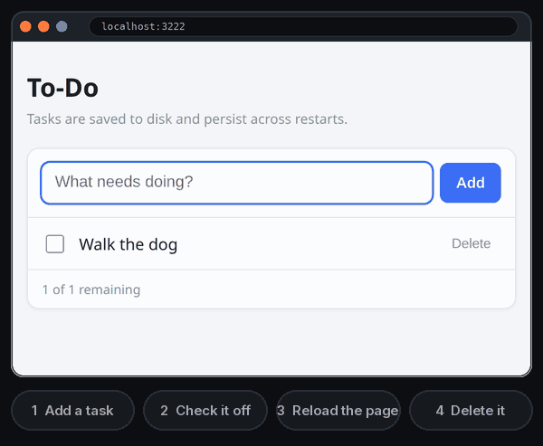 Animated screen recording of the to-do app OpenCode built in run 2, driven by a script in headless Chrome. A task, Buy milk, is typed and added to the list. It is checked off and shows struck through. The page is reloaded and the task is still there. Then it is deleted.