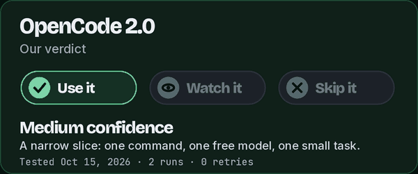 Animated verdict reveal. OpenCode 2.0 gets Use it, not Watch it or Skip it, with medium confidence: a narrow slice of one command, one free model, one small task. Tested Oct 15, 2026, 2 runs, 0 retries.